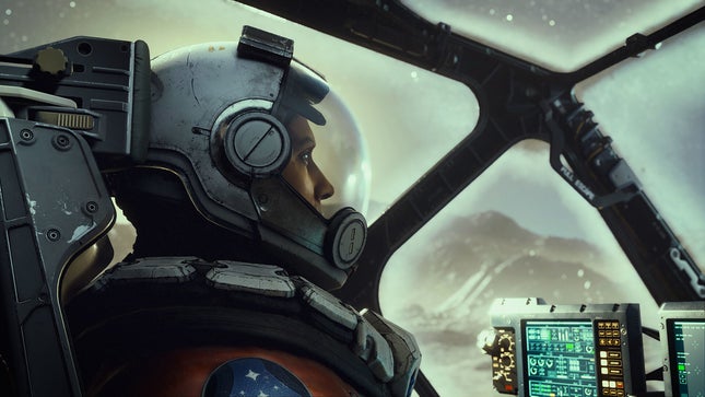 Ein Bild zeigt einen Astronauten, der aus dem Cockpit seines Raumschiffs auf den Horizont blickt. 